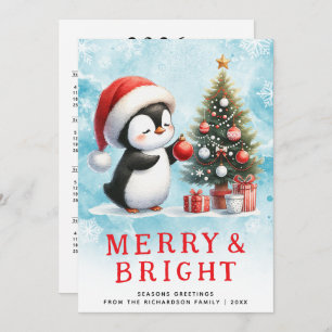 Merry and Bright Blue Red Custom Christmas Penguin Holiday Card
