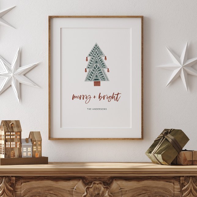Merry and Bright | Boho Christmas Tree and Script Poster (A stylish and boho holiday poster, with a modern green Christmas tree and casual terracotta script)