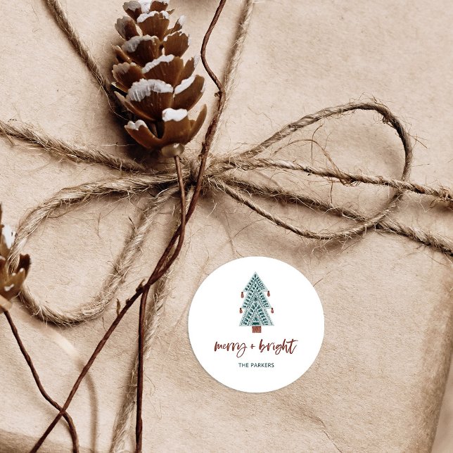 Merry and Bright | Boho Christmas Tree Classic Round Sticker (A cute, simple and boho holiday sticker with a Christmas tree and trendy casual script)
