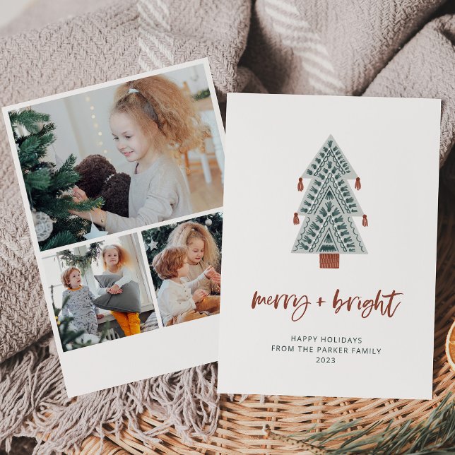 Merry and Bright | Boho Christmas Tree Multi Photo Holiday Card (A boho Christmas tree and terracotta script, with a multi photo grid on the back)