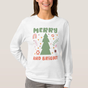 Merry and Bright, Boho Flower Christmas T-Shirt