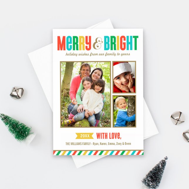 Merry and Bright Bold Colours and Stripes Photo Holiday Card (Creator Uploaded)
