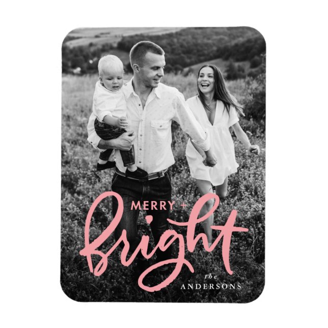 Merry and Bright Bold Pink Script Holiday Photo Magnet (Vertical)