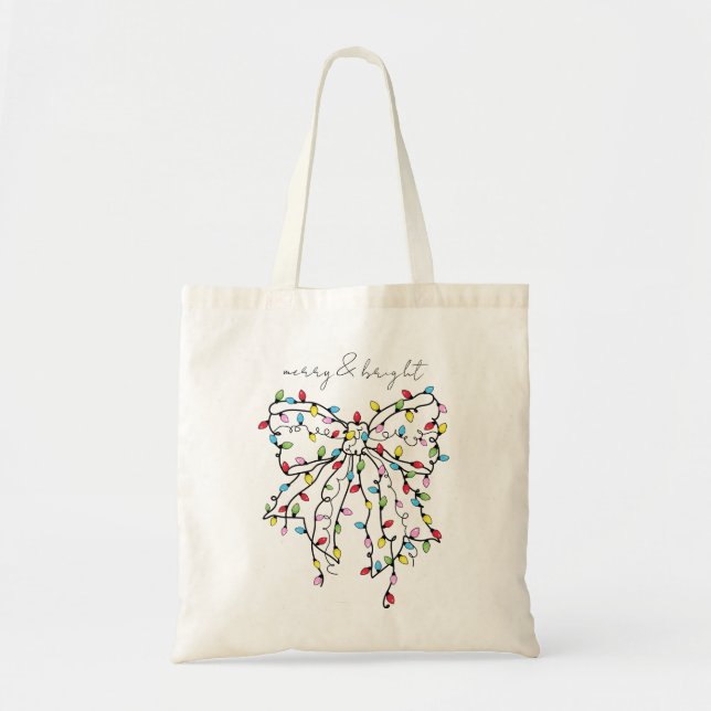 Merry And Bright Bow Lights Holiday Tote (Front)