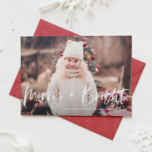 Merry and Bright Brush Lettering Photo Christmas Holiday Card (Creator Uploaded)