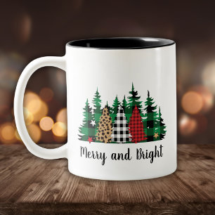 Merry and Bright Buffalo Plaid Leopard Print Tree Two-Tone Coffee Mug