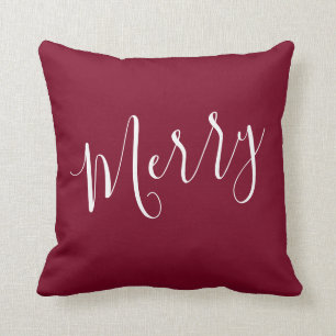 Merry and Bright Burgundy Christmas Throw Pillow
