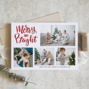 Merry and Bright Calligraphy Red Photo Collage Holiday Card