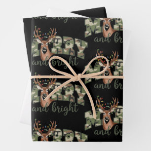 Merry And Bright Camo Deer Bow Outdoors Country Wrapping Paper Sheet