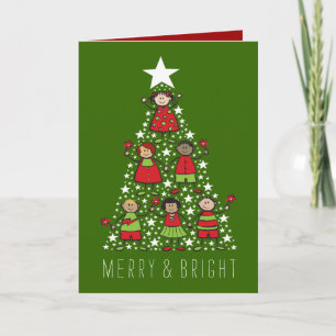 Merry And Bright Cartoon Christmas Tree Kids Fun Holiday Card
