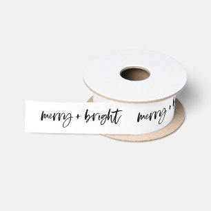 Merry and Bright Casual Script Black and White Satin Ribbon