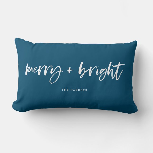 Merry and Bright | Casual Script Christmas Blue Lumbar Cushion (Front)