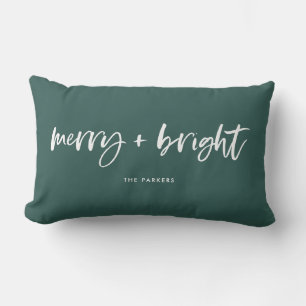 Merry and Bright   Casual Script Christmas Green Lumbar Cushion