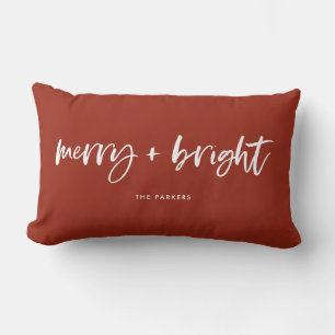Merry and Bright   Casual Script Christmas Red Lumbar Cushion