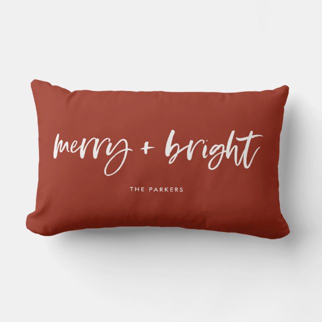 Merry and Bright | Casual Script Christmas Red Lumbar Cushion (Front)