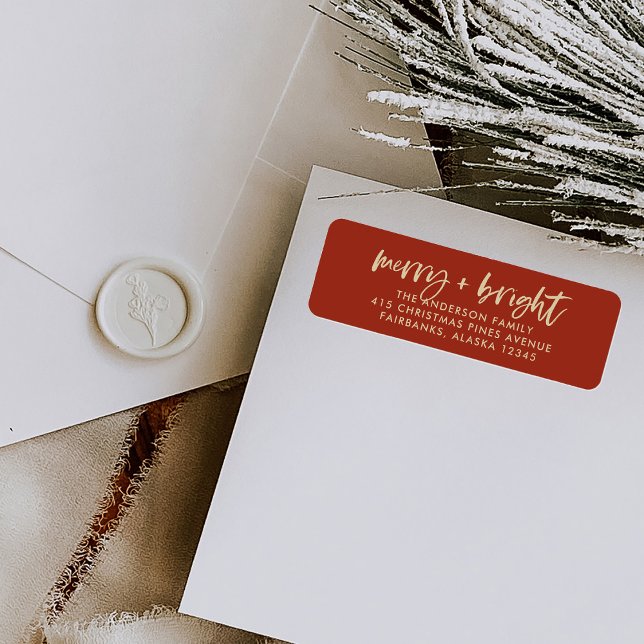 Merry and Bright | Casual Script Red and Gold (Modern holiday return address labels with trendy casual script typography)