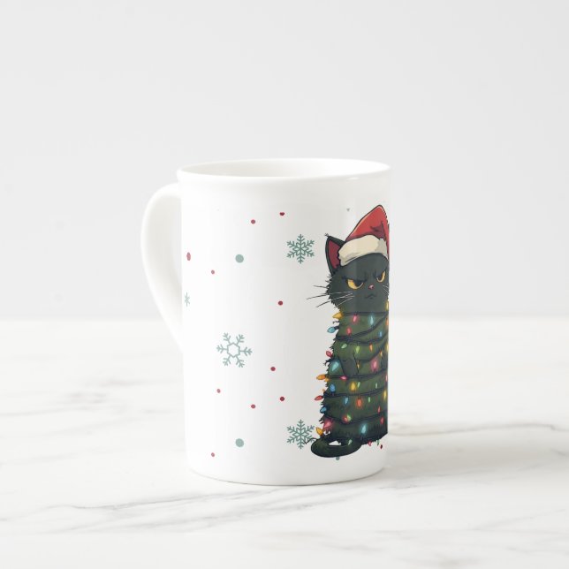 Merry and Bright cat Christmas kitten snow winter Bone China Mug (Front Left)