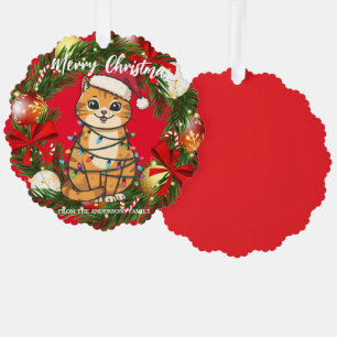 Merry and Bright cat Christmas kitten snow winter Tree Decoration Card