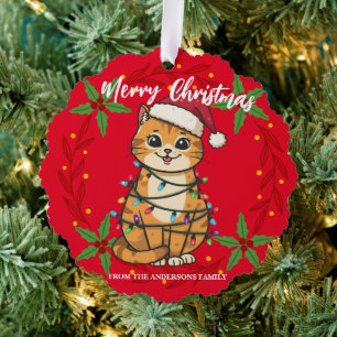 Merry and Bright cat Christmas kitten snow winter Tree Decoration Card