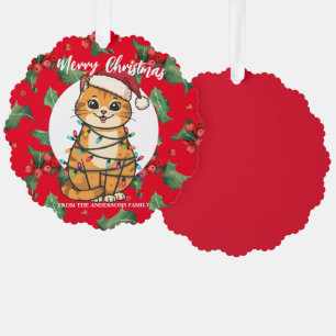 Merry and Bright cat Christmas kitten snow winter Tree Decoration Card