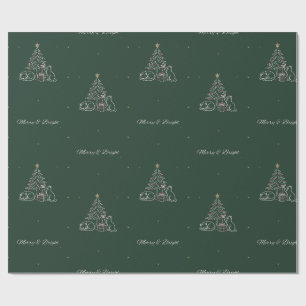 Merry and Bright Cat Hunter Green Wrapping Paper