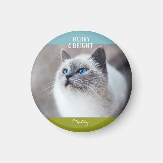 Merry and Bright Cat Kitten Christmas Photo Name Magnet (Front)