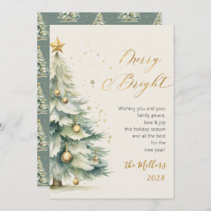 Merry and Bright Chic Gold Script Christmas Tree Holiday Card
