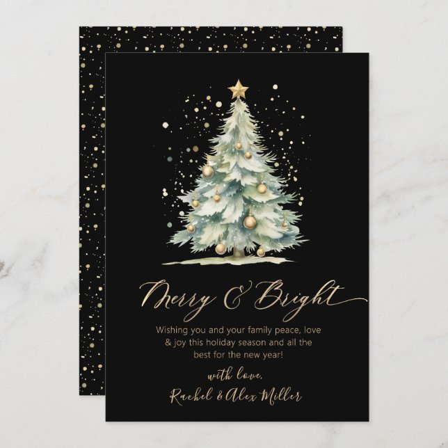 Merry and Bright Chic Gold Script Tree Non Photo Holiday Card (Front/Back)