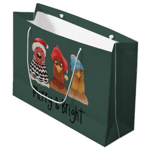 Merry And Bright Chickens Christmas Farm Animal Large Gift Bag