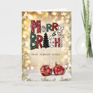 Merry and Bright,Christmas Balls,Stars Bokeh Holiday Card