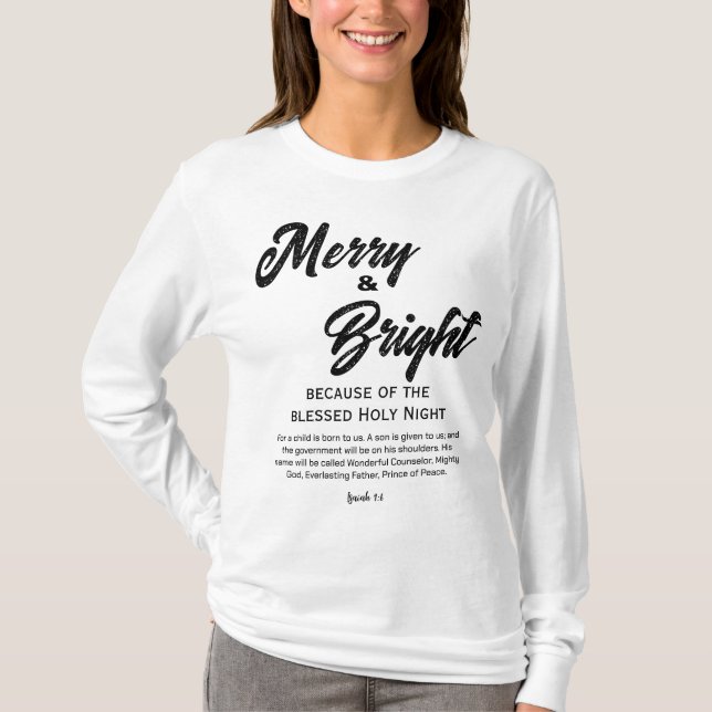 Merry and Bright Christmas Black Script T-Shirt (Front)