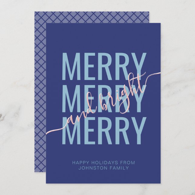 Merry and bright Christmas blue chequered Holiday Card (Front/Back)