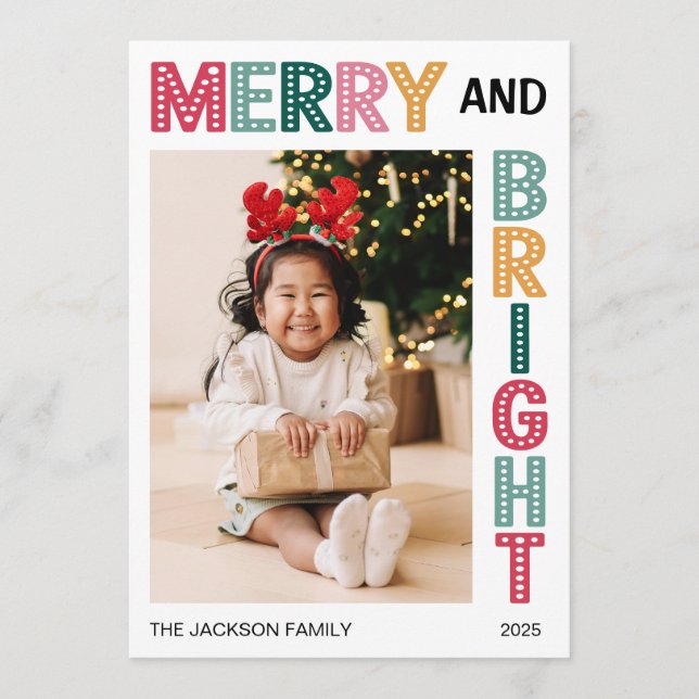 Merry and Bright Christmas bold photo Holiday Card (Front)