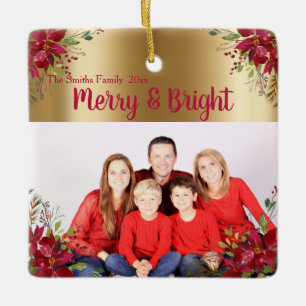 Merry and Bright Christmas Burgundy Photo Holiday Ceramic Ornament