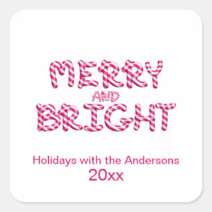 Merry and Bright Christmas Candy Cane Red Square Sticker