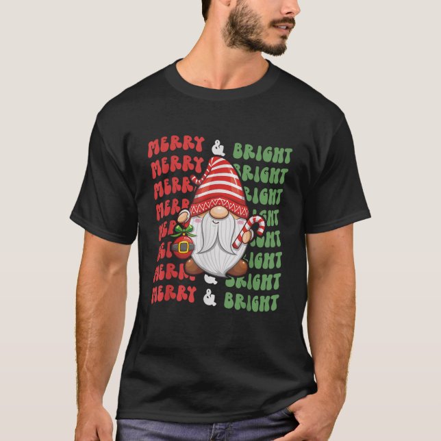 Merry and Bright Christmas Cute Santa Gnome Retro  T-Shirt (Front)