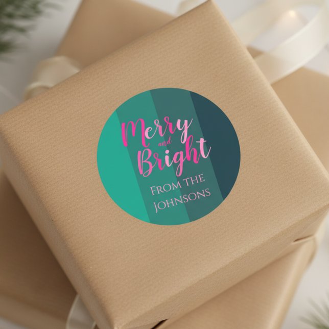 Merry and Bright Christmas Family Name Green Pink Classic Round Sticker (Creator Uploaded)