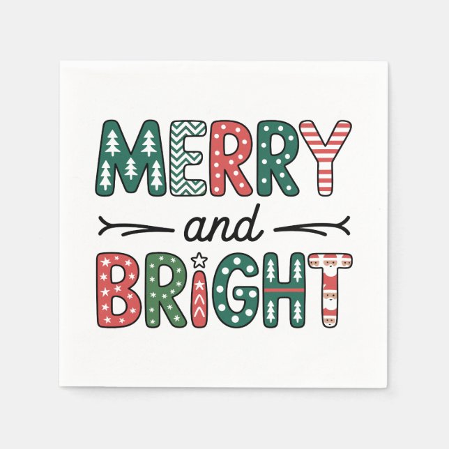 Merry And Bright Christmas Family Xmas Holiday Napkin (Front)