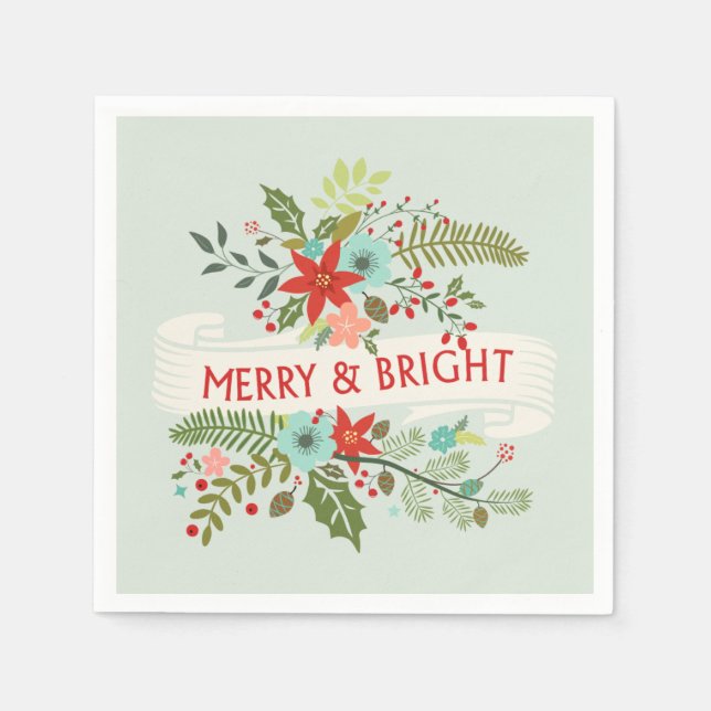 Merry and Bright Christmas Floral Holiday Napkins (Front)