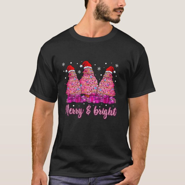 Merry And Bright Christmas Girls Xmas Pink Tree Li T-Shirt (Front)