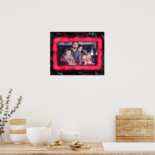 Merry and Bright Christmas Glitter Red Photo Frame Poster (Kitchen)