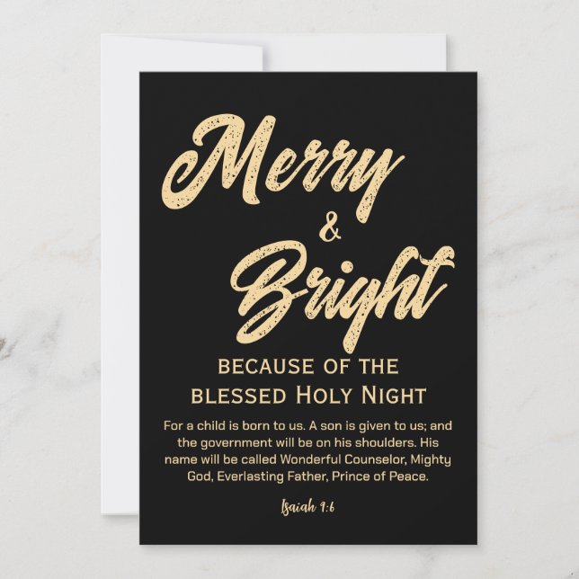 Merry and Bright Christmas Gold Beige Script Black Holiday Card (Front)