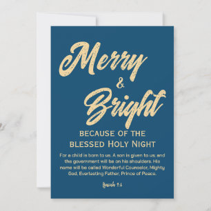 Merry and Bright Christmas Gold Beige Script Blue Holiday Card