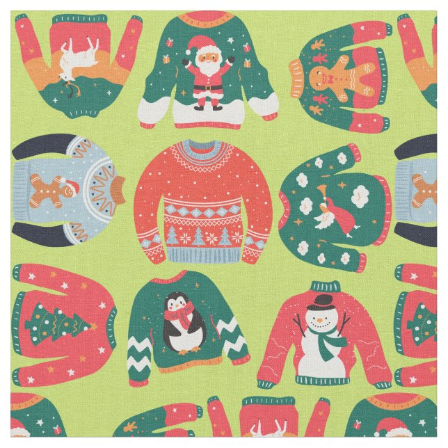 Merry and bright Christmas green and red pattern Fabric (Close Up)