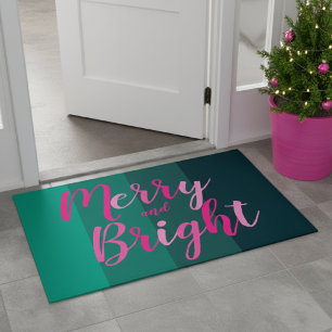 Merry and Bright Christmas Green Pink Doormat