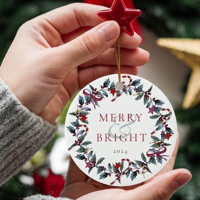 Merry and Bright Christmas Greenery Wreath Photo Ceramic Tree Decoration (Creator Uploaded)