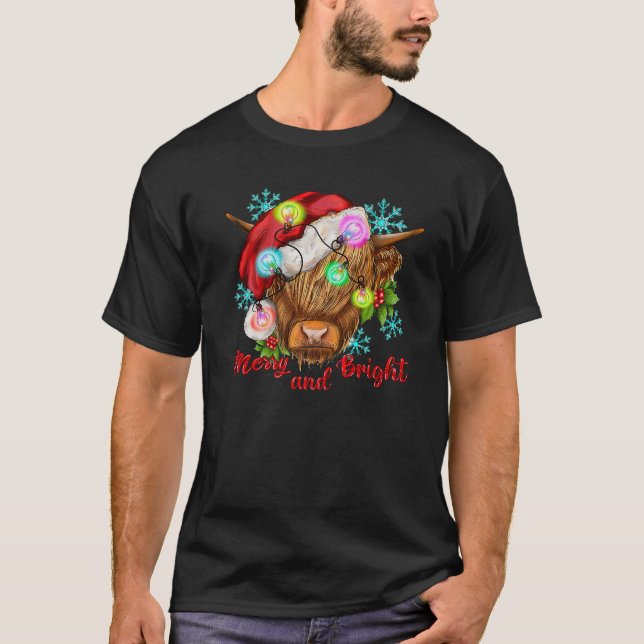 Merry and Bright Christmas Highland Cow Santa Hat  T-Shirt (Front)