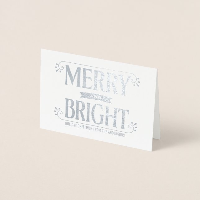 Merry and Bright Christmas Holiday Bold Silver Foil Card (Front)