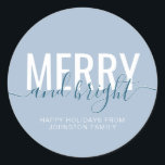Merry and bright Christmas holiday dusty blue Classic Round Sticker<br><div class="desc">Merry and bright Christmas holiday dusty blue classic round sticker</div>