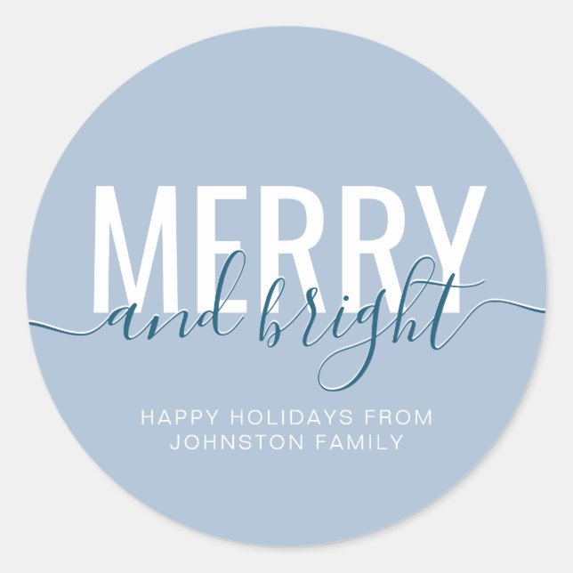 Merry and bright Christmas holiday dusty blue Classic Round Sticker (Front)